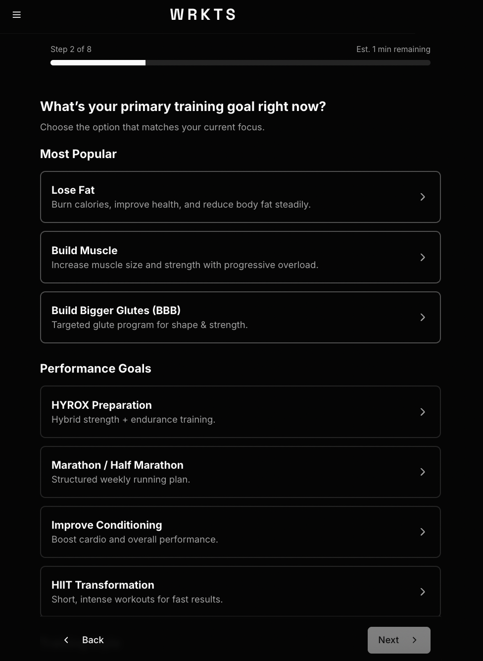 Screenshot of the app showing various workout plan goal options like 'Lose Fat' and 'Build Muscle'.